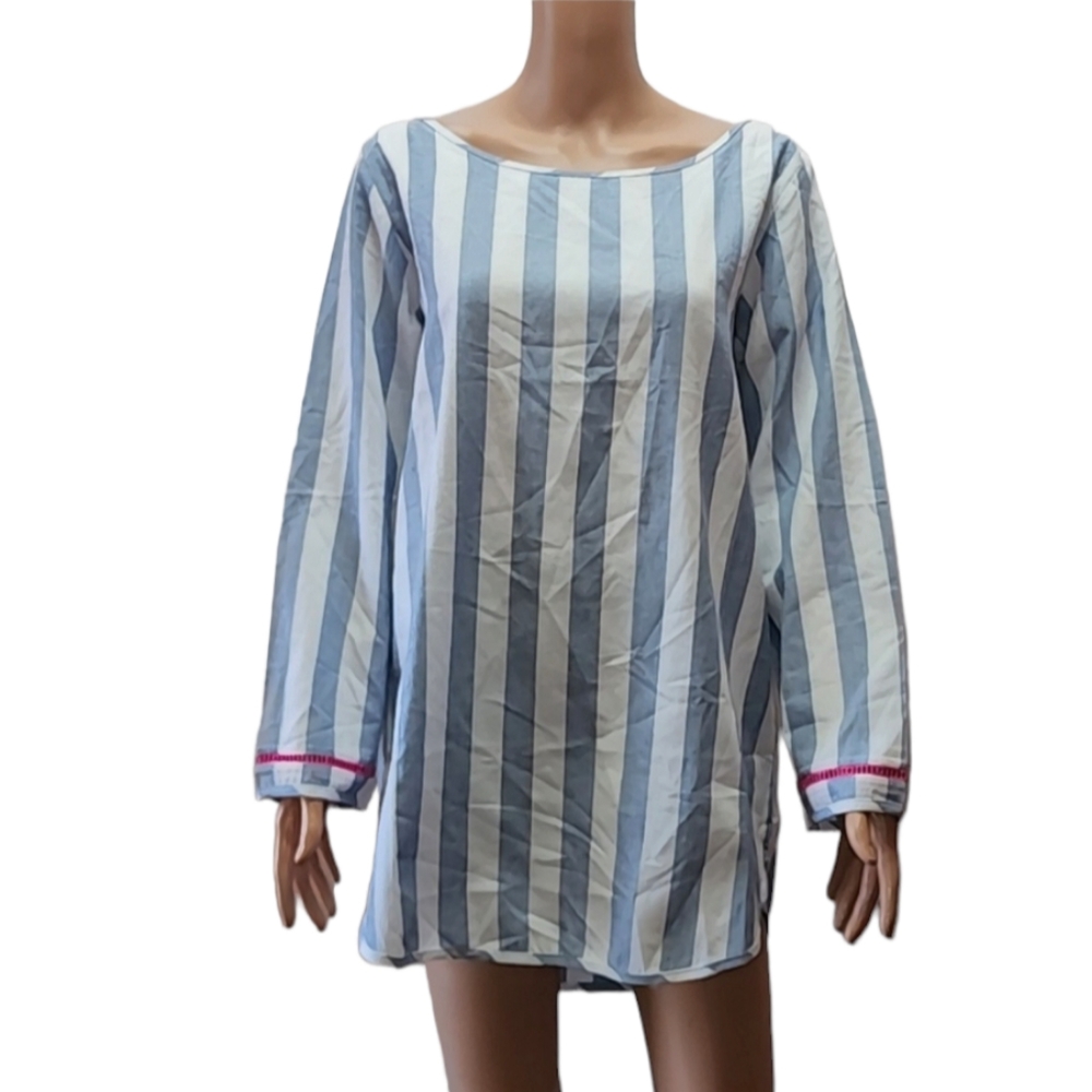 Soleil striped cotton open back mini beach dress cover up tassel trim white blue - Picture 4 of 10